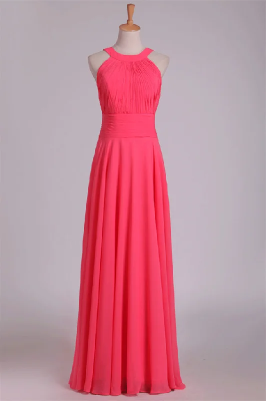 Deal Mania Crew Neck Watermelon Chiffon Long Bridesmaid Dress
