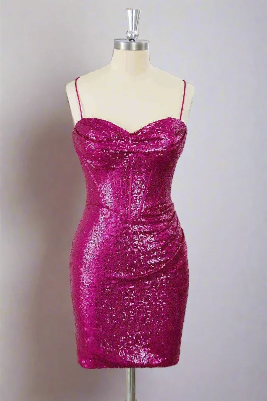 Deal of the Week Straps Fuchsia Sequin Bodycon Homecoming Dress