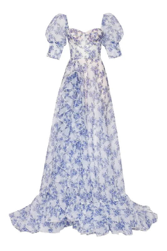 Bargain Blast Off the Shoulder Blue Balloon Sleeves Floral Maxi Dress
