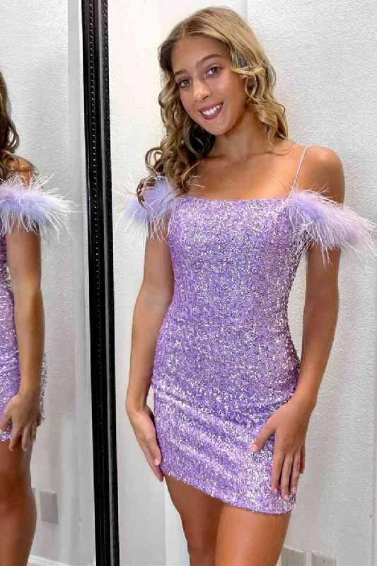 Early Bird Discount Feather Cold Shoulder Lilac Sequins Mini Homecoming Dress