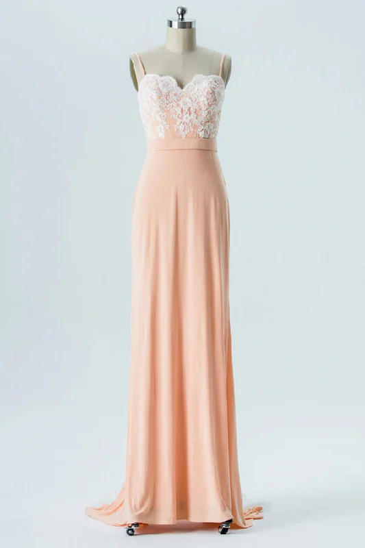 New Deals Elgane Lace Top Peach Bridesmaid Dress with Sweep Train