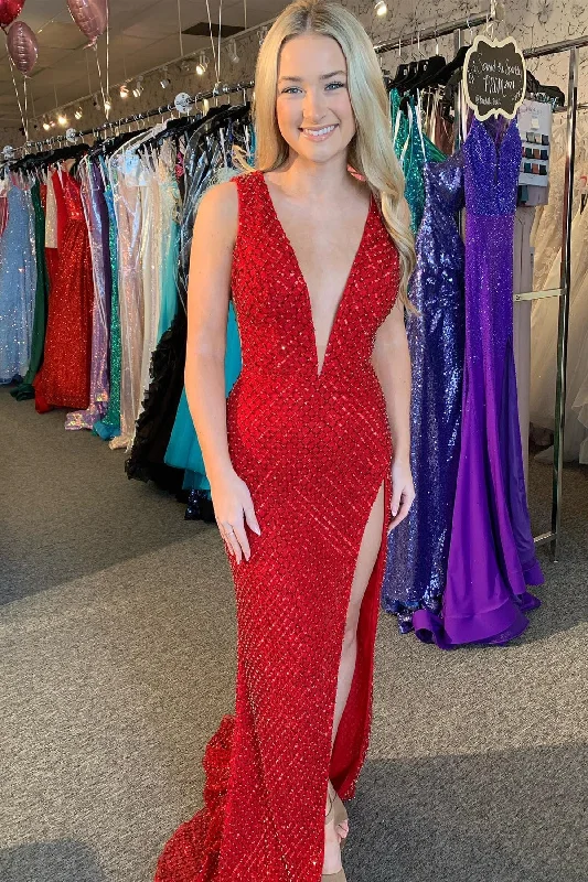Don't Wait Plunging V-Neck Red Beaded Grid Mermaid Prom Dress with Slit
