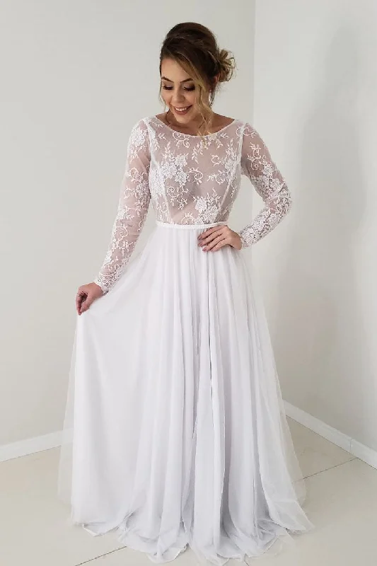 Special Savings Long A-line Lace Appliques White Wedding Dress with Long Sleeves