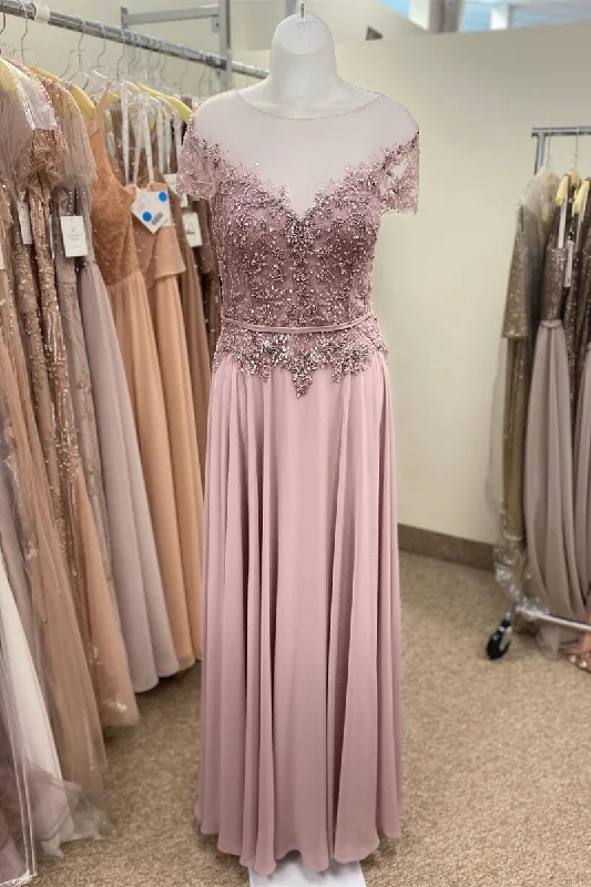 Don't Wait Blush Pink Illusion Neck Appliques Long Mother of the Bride Dress