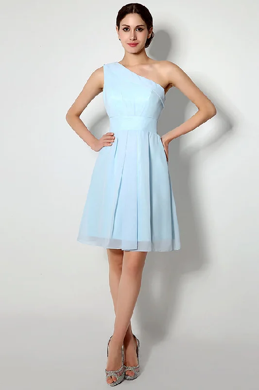 Super Deal Simple One Shoulder Chiffon Short Sky Blue Bridesmaid Dress