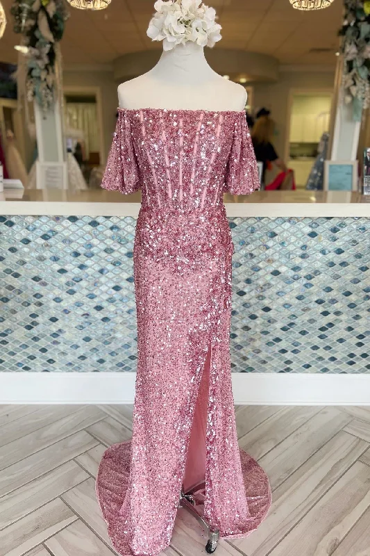 Factory Direct Sale Dusty Rose Off-the-Shoulder Beaded Sequins Long Prom Dress