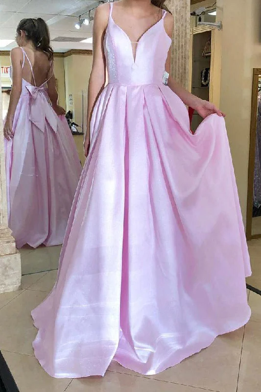 Limited Availability Spaghetti Straps Bowknot Long Pink Evening Dress
