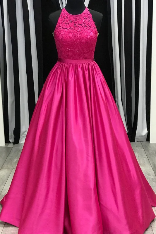 Special Savings Elegant A-Line Beaded Lace Appliques Fuchsia Long Prom Dress