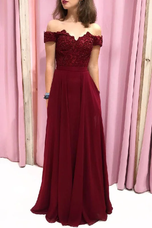Limited Edition Off the Shoulder Burgundy Long Prom Dress with Lace-Up Back