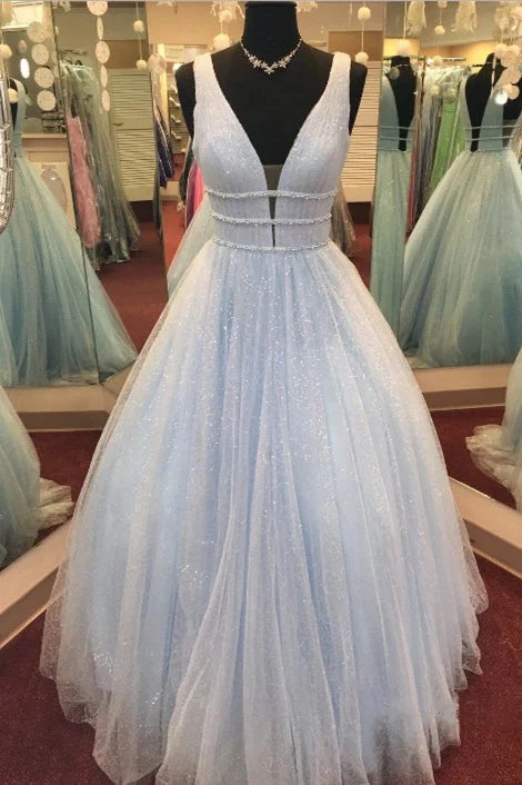 Discount Mania Glitter A-line V-Neck Long Light Blue Prom Dress with Belts