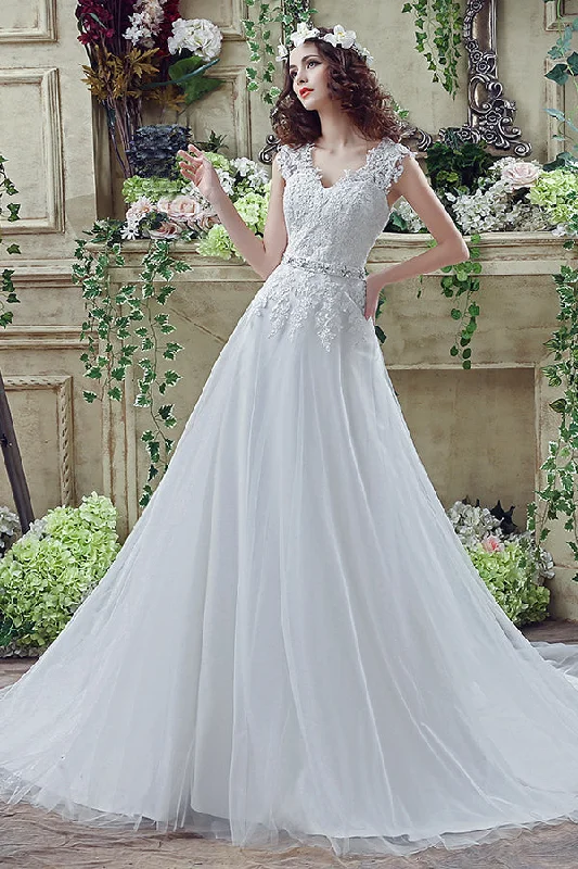 Don't Wait Long V-Neck A-line White Wedding Dress with Appliques