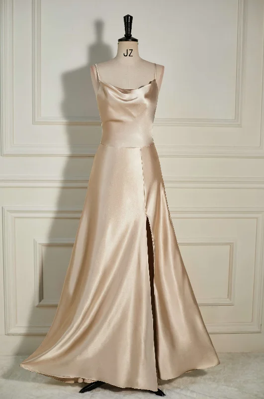 Huge Discounts Cowl Neck Champagne A-Line Long Bridesmaid Dress with Slit