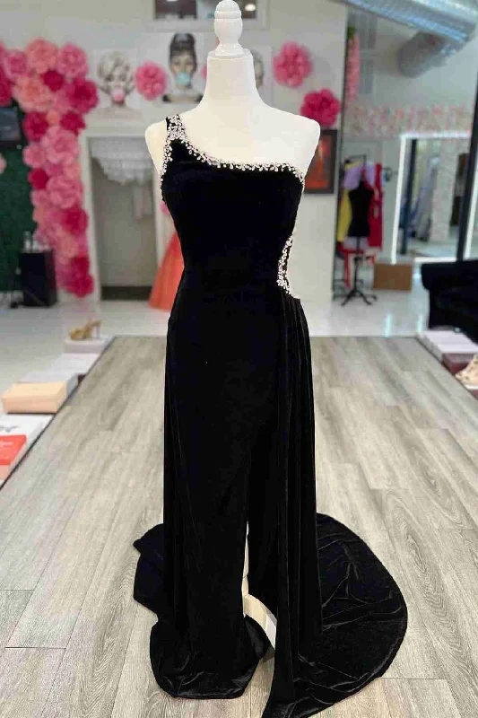 Mega Deal Beaded One Shoulder Black Velvet Long Formal Dress
