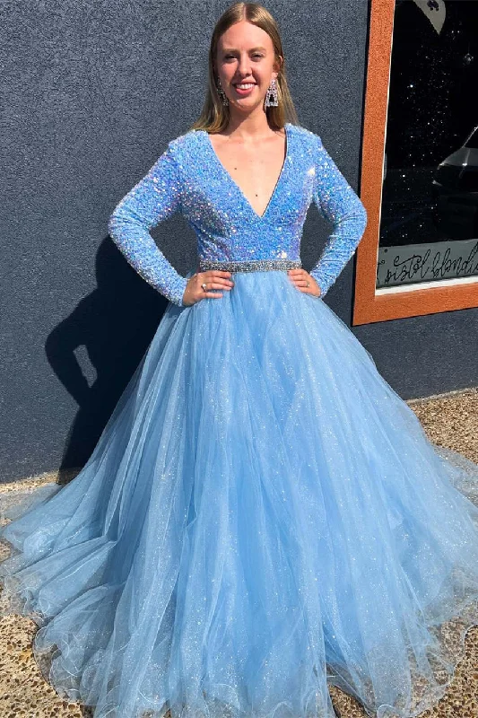 Super Bargain V-Neck Light Blue Sequin Long Sleeves A-Line Prom Dress
