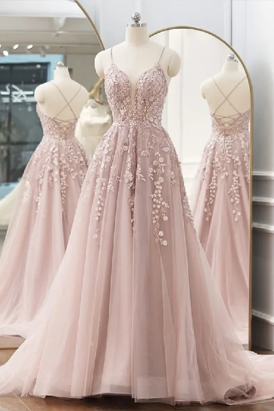 Special Discount Tie Back Pink Lace A-Line Formal Dress with Appliques