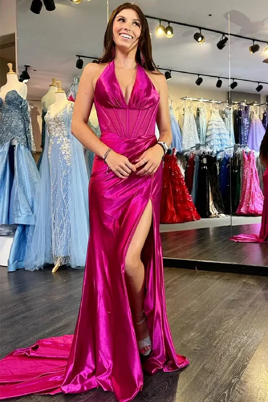 Super Sale Magenta Halter Ruched Mermaid Long Prom Dress with Slit