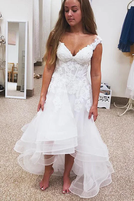 Extra Savings High-Low V-Neck A-line White Wedding Dress with Lace