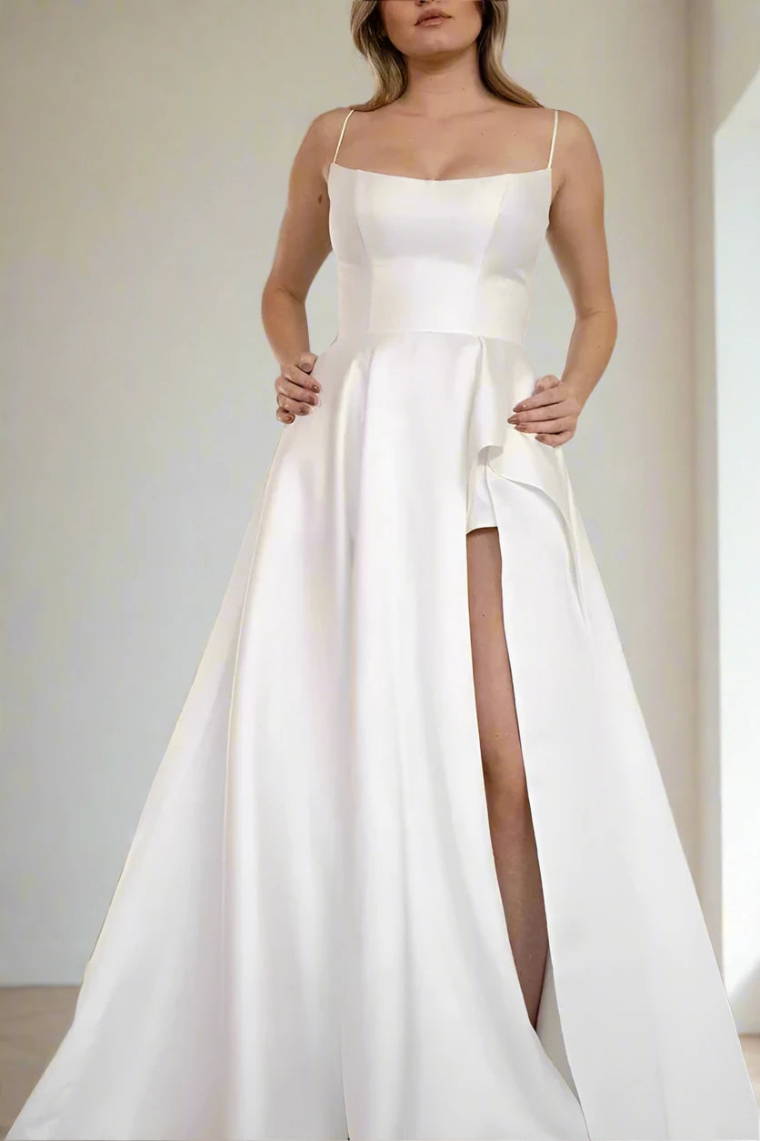 Deal of the Day Scoop Neck Satin Wedding Dress with High Slit