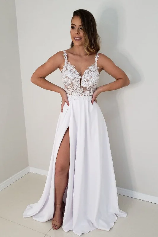 Now or Never Long A-line Lace Sleeves White Wedding Dress with Slit