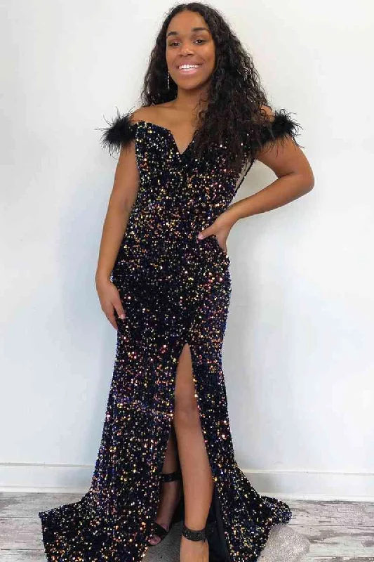 Year-End Sale Off-the-Shoulder Navy Sequins Long Party Dress with Feather