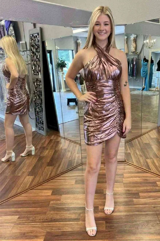 Deal Alert Pleated Halter Dusty Rose Mini Homecoming Dress