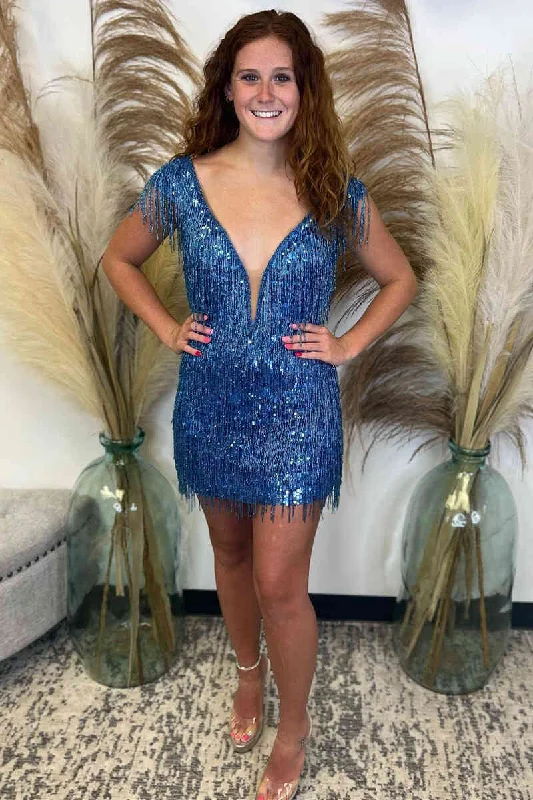 Price Break Plunging Neck Tight Blue Homecoming Dress with Fringe