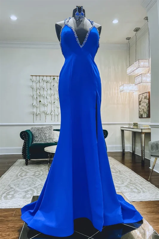 Price Rollback Royal Blue Straps V Neck Beaded Long Prom Dress with Slit