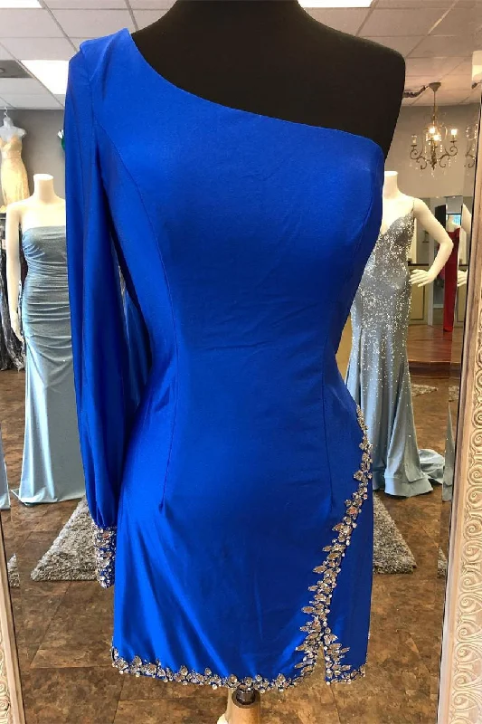 Seasonal Sale Royal Blue One Shoulder Beaded Tight Party Dress