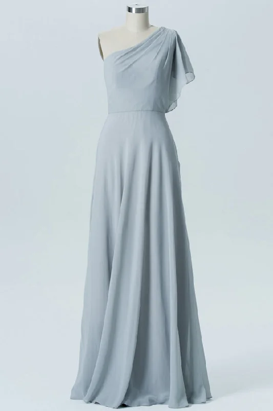 Limited Time Discount Chiffon Grey Long Bridesmaid Dress with Ruffled Sleeve