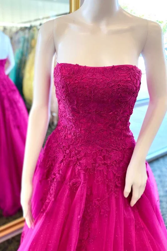 Fantastic Offers A-Line Strapless Fuchsia Appliques Long Formal Dress