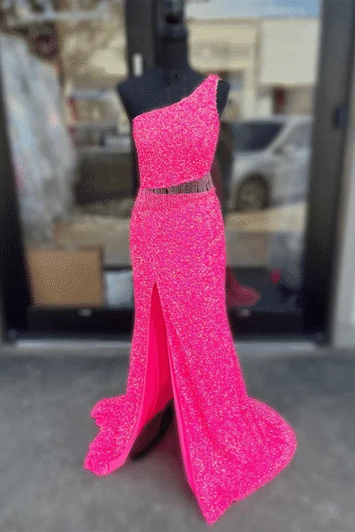 Bonus Savings Fuchsia Sequins One Shoulder Cut-Out Tassels Long Prom Dress with Slit