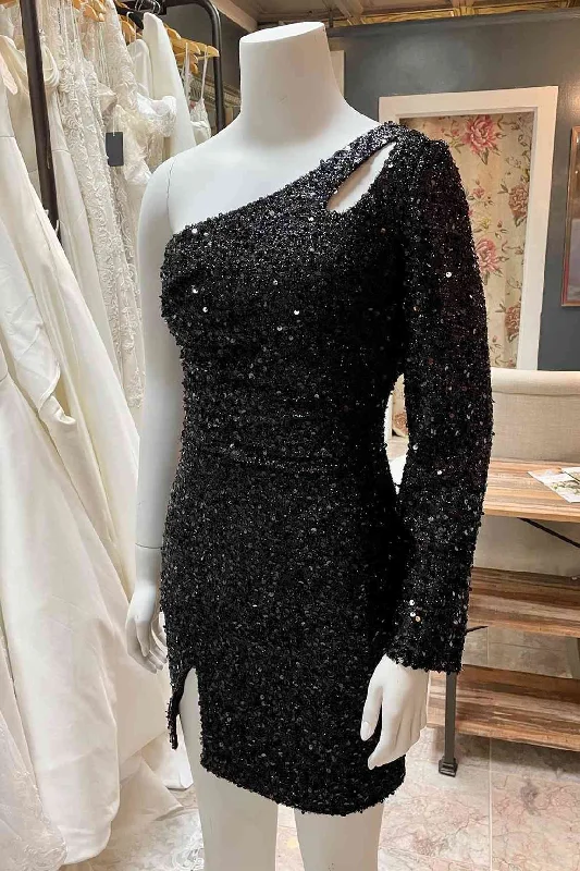 Price Buster Cut Out Long Sleeve Black Sequins Tigth Homecoming Dress