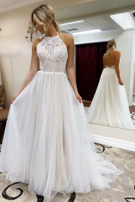 Clearance Items Halter A-line Long White Wedding Dress with Lace Top