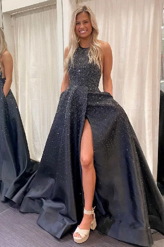Act Now Glitter Black Halter A-Line Long Formal Dress with Pockets