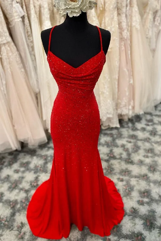 Final Clearance Mermaid Long Red Prom Dress with Rhinestones