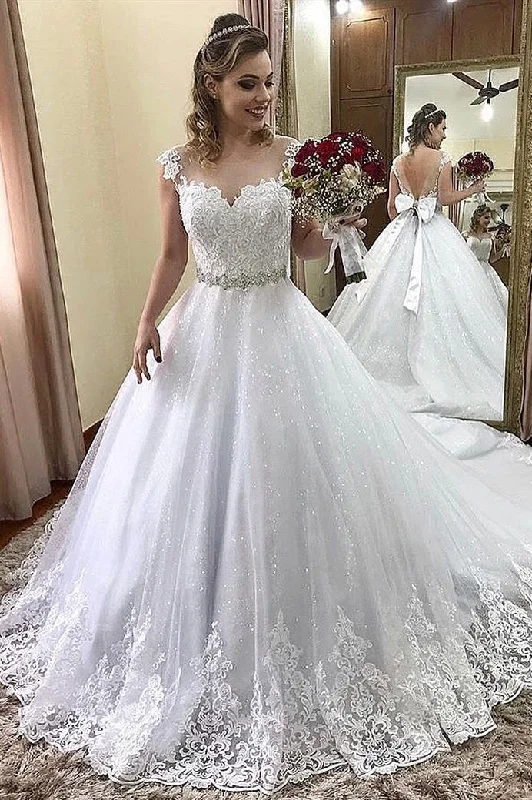Price Slash Glitter Princess V-Back A-line White Wedding Dress with Bowknot