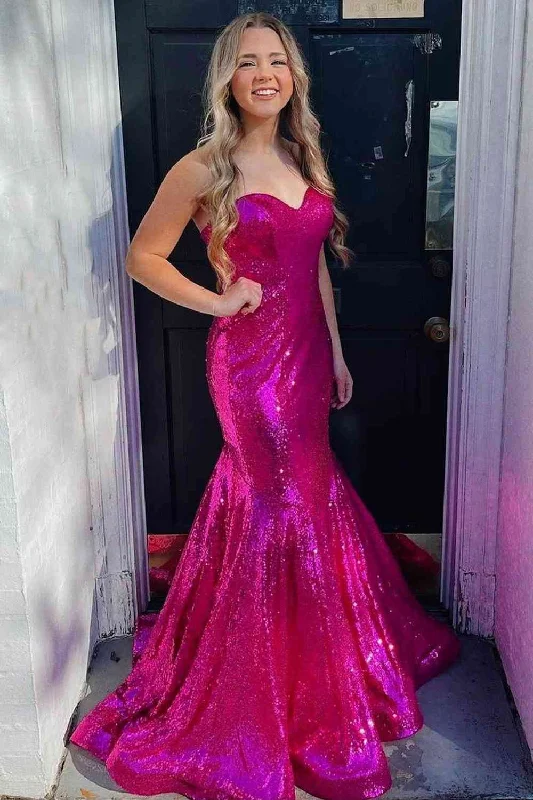 Bargain Prices Sweetheart Mermaid Fuchsia Sequined Long Prom Dress