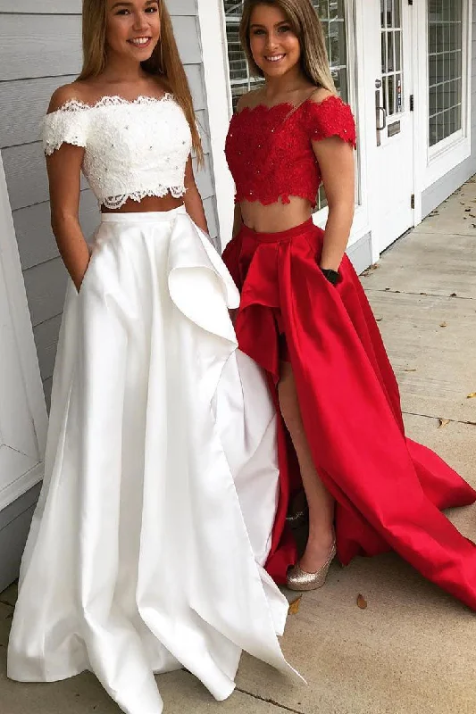Sale Event Two Piece Off Shoulder Long Prom Dress with Lace Top