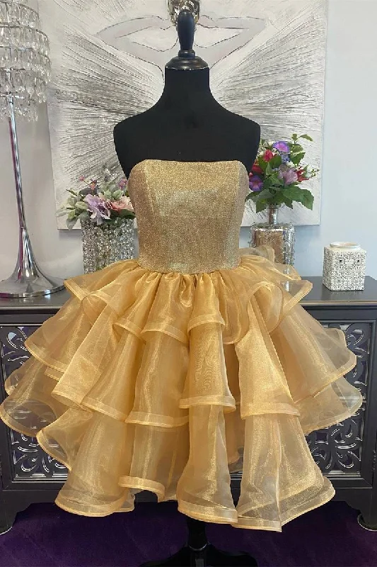 Holiday Sale Princess Gold Strapless A-Line Ruffle Dress
