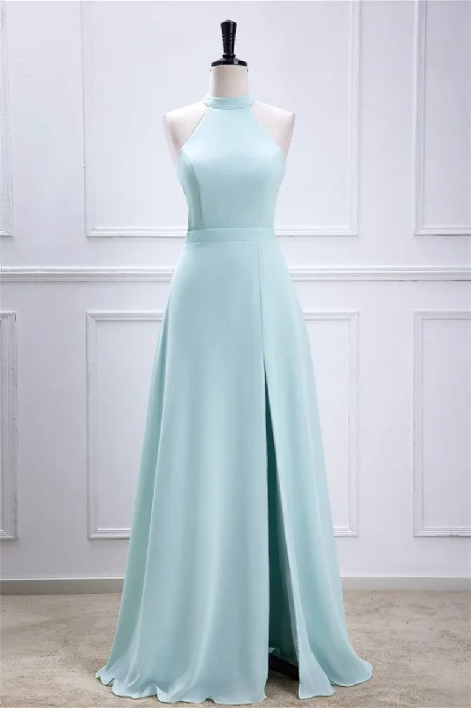Today's Special Aqua Blue Halter Chiffon Long Bridesmaid Dress with Slit