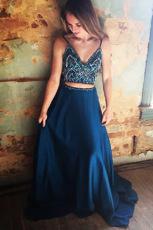 Factory Direct Sale Gorgeous Two Piece Beaded Navy Blue Satin Long Prom Dress