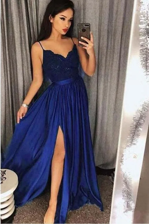 Super Sale Elegant A-line Appliqued Dark Blue Long Prom Dress