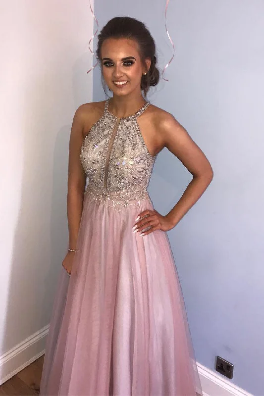 Deep Discounts Gorgeous A Line Jewel Pink Beaded Long Prom Dress
