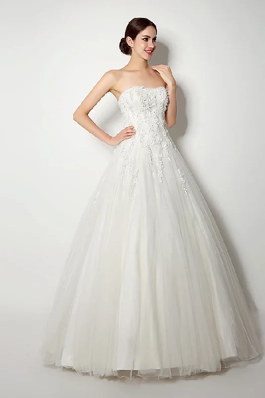 The Best Prices Long Lace-Up Back A-line Strapless Ivory Wedding Dress with Appliques