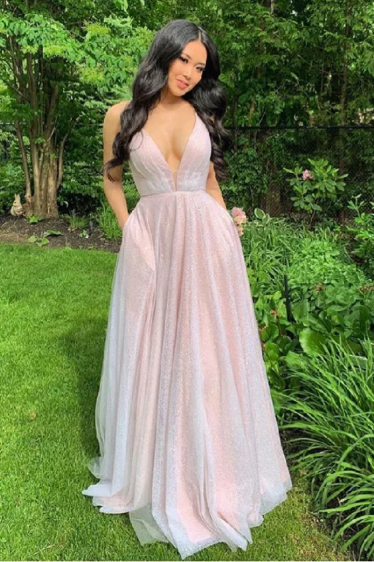 Super Sale Sparkly Plunging Neck Pink Long Prom Dress