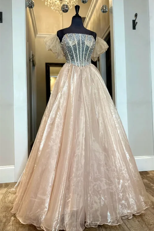 Discount Deals Blush Pink Puff Off-the-Shoulder Beaded Organza Long Prom Dress