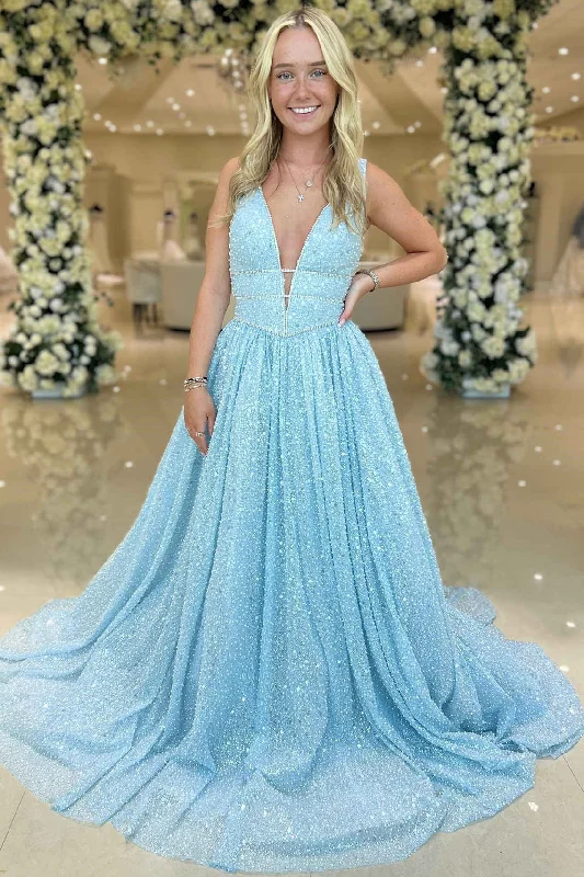 Lowest Prices Plunging Neck Light Blue Beaded A-Line Formal Dress