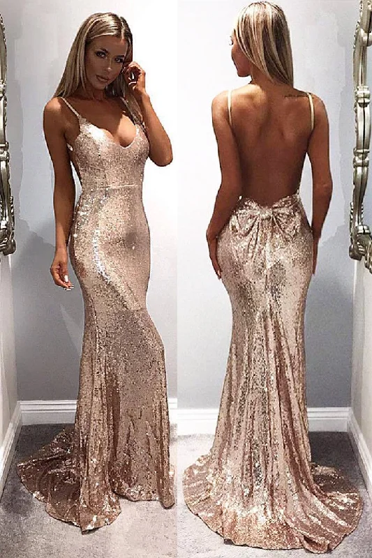 Can't Miss Mermaid Sequins Gold Long Prom Dress with Open Back