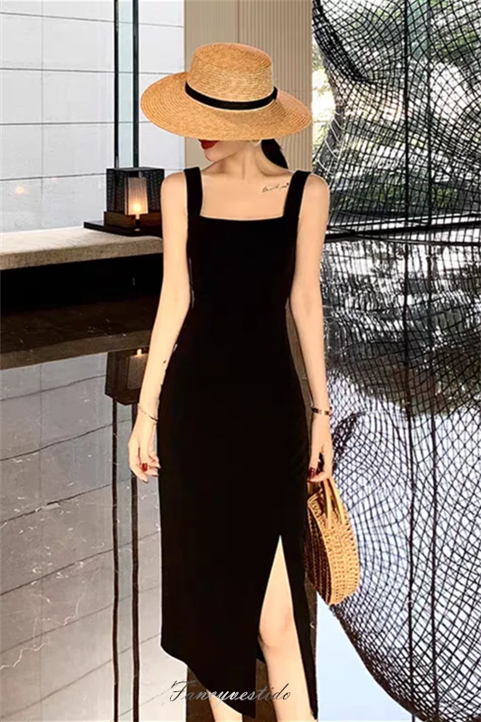 Value Deals Black Sqare-Neck Tight Party Dress with Slit