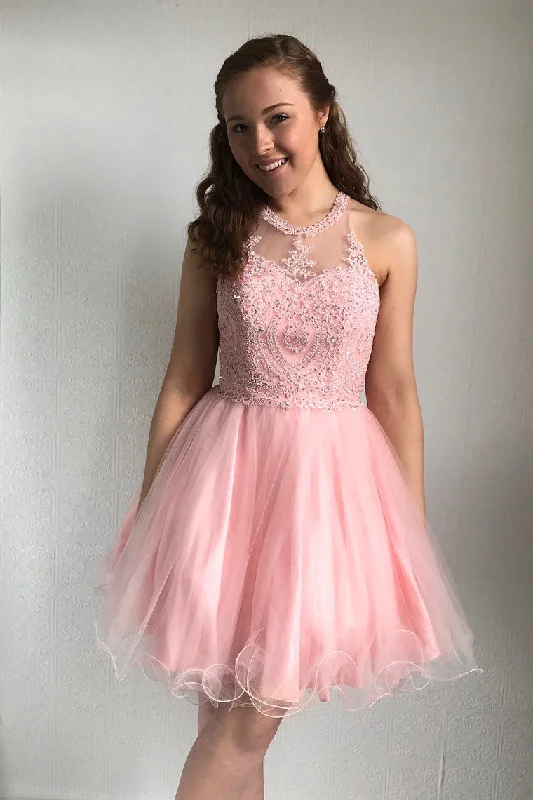 Act Fast Cute Pink Crew Neck Beaded Short Homecoming Dress